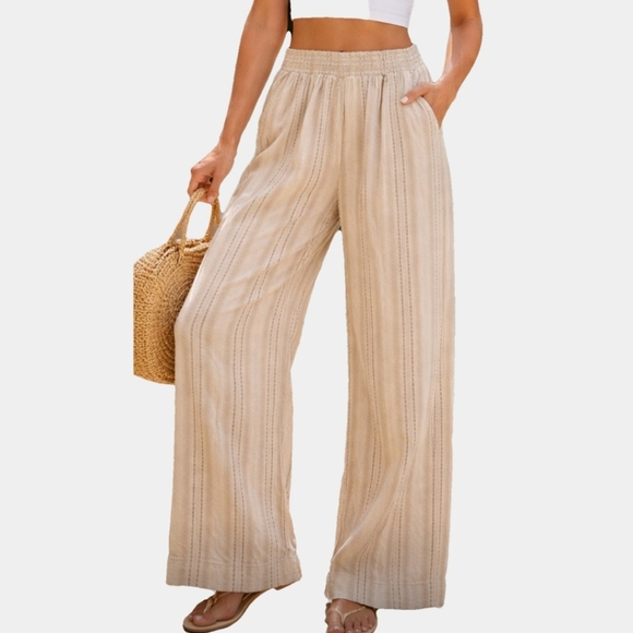 Briggs Pants - Briggs Elastic Waist Tan Stripe Pull-On Linen Blend Wide Leg Palazzo Pants Sz L